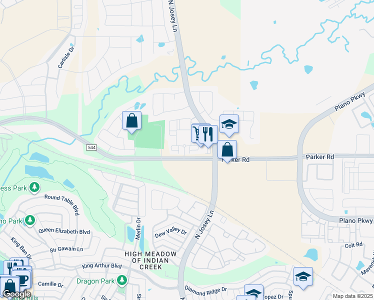 map of restaurants, bars, coffee shops, grocery stores, and more near 1835 Parker Road in Carrollton