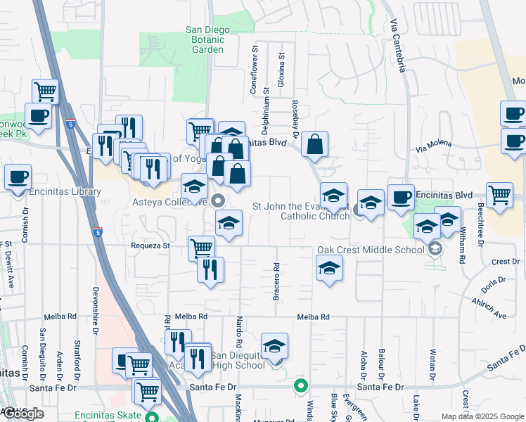 map of restaurants, bars, coffee shops, grocery stores, and more near 604 Camino De Orchidia in Encinitas