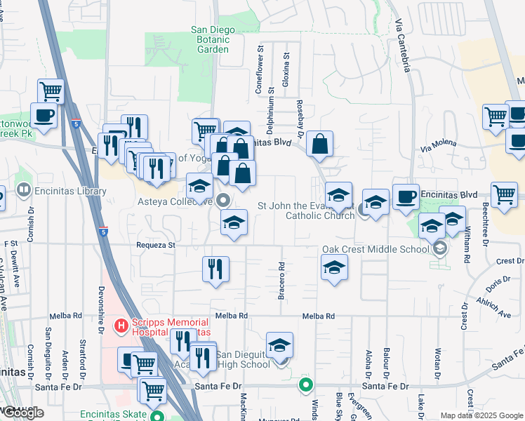 map of restaurants, bars, coffee shops, grocery stores, and more near 604 Camino De Orchidia in Encinitas