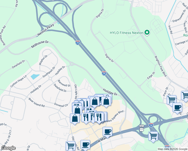 map of restaurants, bars, coffee shops, grocery stores, and more near 340 Holiday Drive in Summerville