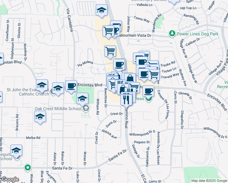map of restaurants, bars, coffee shops, grocery stores, and more near 1327 Encinitas Boulevard in Encinitas