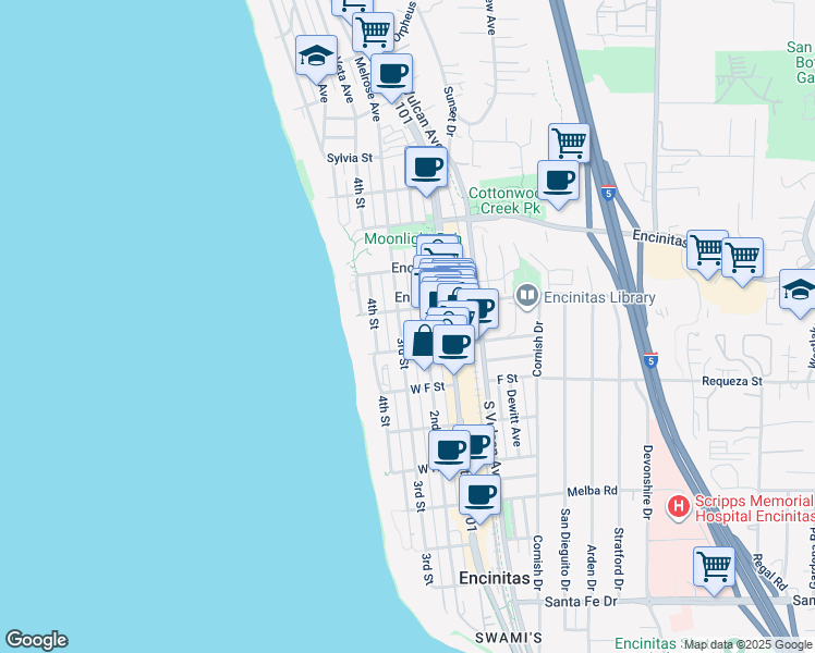 map of restaurants, bars, coffee shops, grocery stores, and more near 525 3rd Street in Encinitas