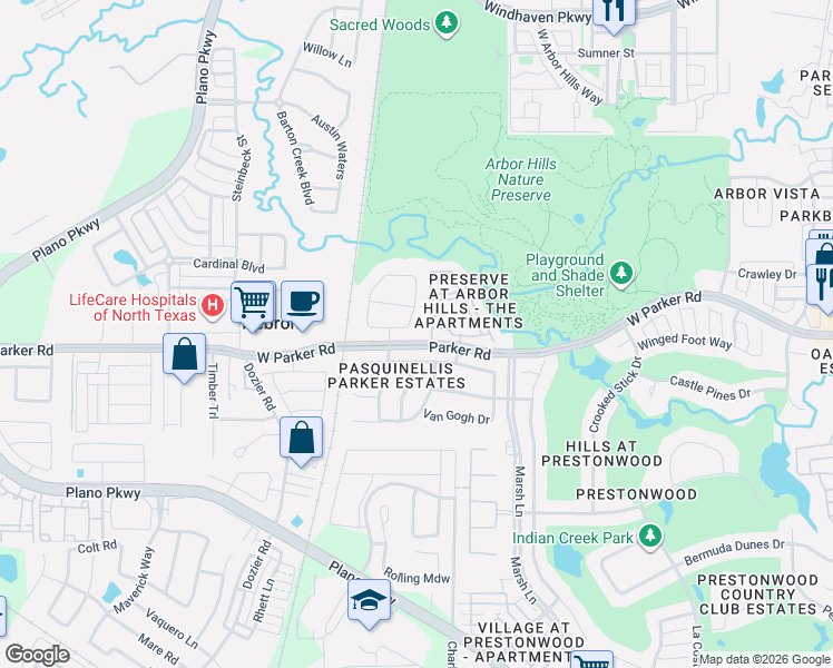 map of restaurants, bars, coffee shops, grocery stores, and more near 7001 West Parker Road in Plano