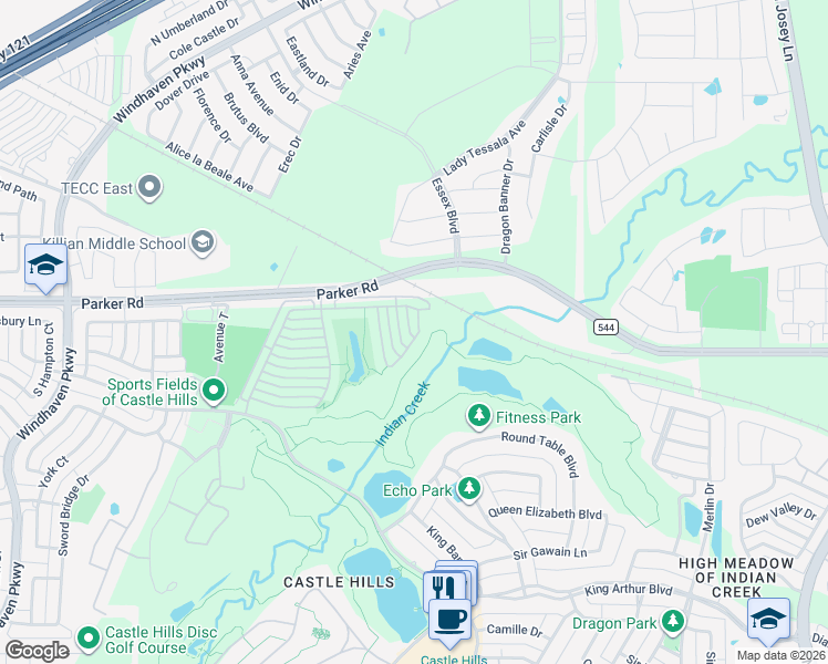 map of restaurants, bars, coffee shops, grocery stores, and more near 501 Grail Castle Drive in Lewisville