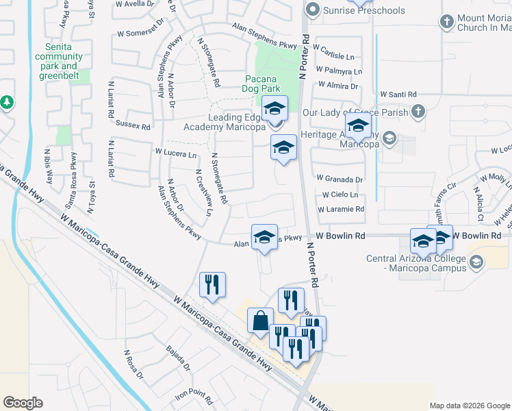 map of restaurants, bars, coffee shops, grocery stores, and more near 41785 West Cielo Lane in Maricopa