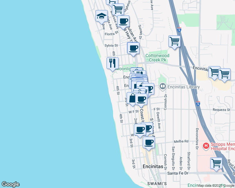 map of restaurants, bars, coffee shops, grocery stores, and more near 532 4th Street in Encinitas