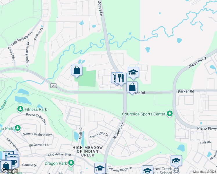 map of restaurants, bars, coffee shops, grocery stores, and more near 1835 Parker Road in Carrollton