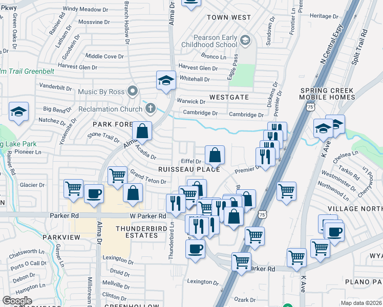 map of restaurants, bars, coffee shops, grocery stores, and more near 775 Eiffel Drive in Plano