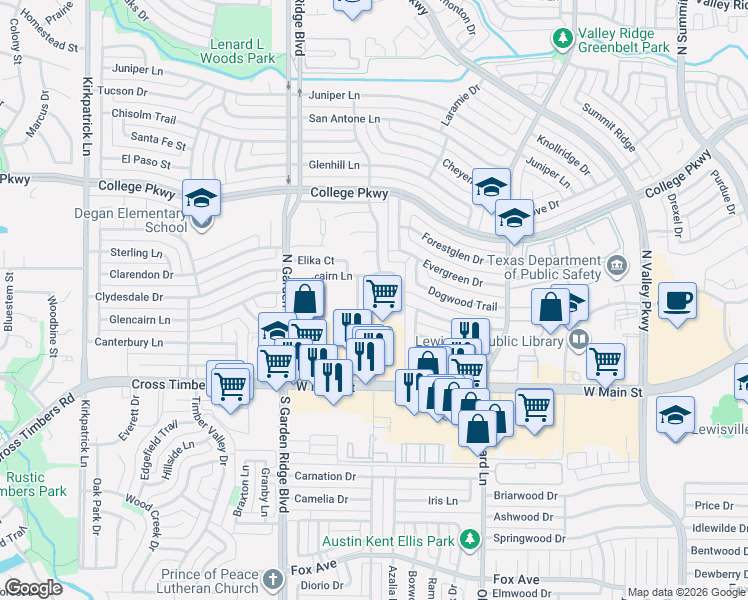 map of restaurants, bars, coffee shops, grocery stores, and more near 1513 Pine Ridge Drive in Lewisville