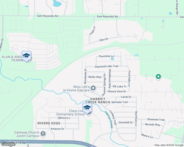map of restaurants, bars, coffee shops, grocery stores, and more near 1624 Baxter Springs Drive in Justin