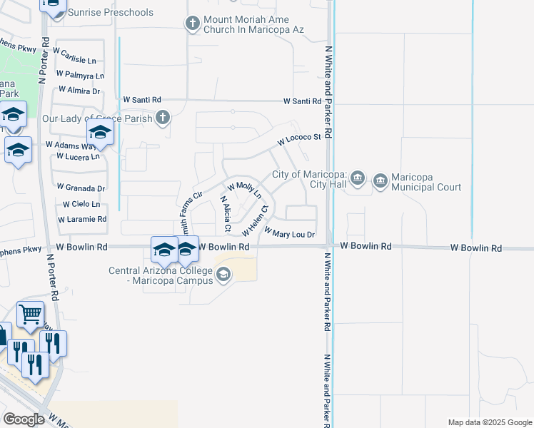 map of restaurants, bars, coffee shops, grocery stores, and more near 40257 West Helen Court in Maricopa