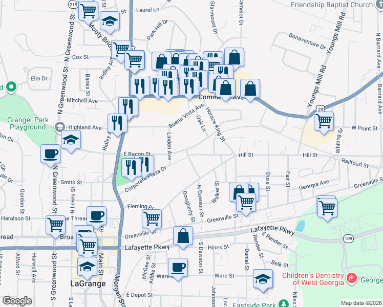 map of restaurants, bars, coffee shops, grocery stores, and more near 406 East Bacon Street in LaGrange