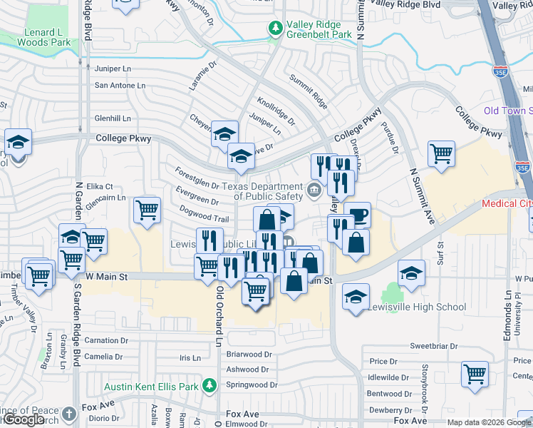 map of restaurants, bars, coffee shops, grocery stores, and more near 401 North Old Orchard Lane in Lewisville
