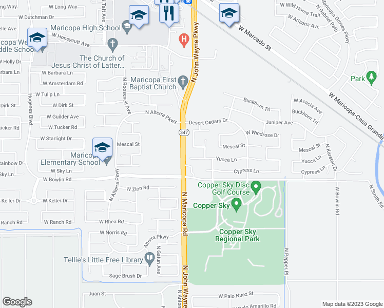 map of restaurants, bars, coffee shops, grocery stores, and more near 44626 West Yucca Lane in Maricopa