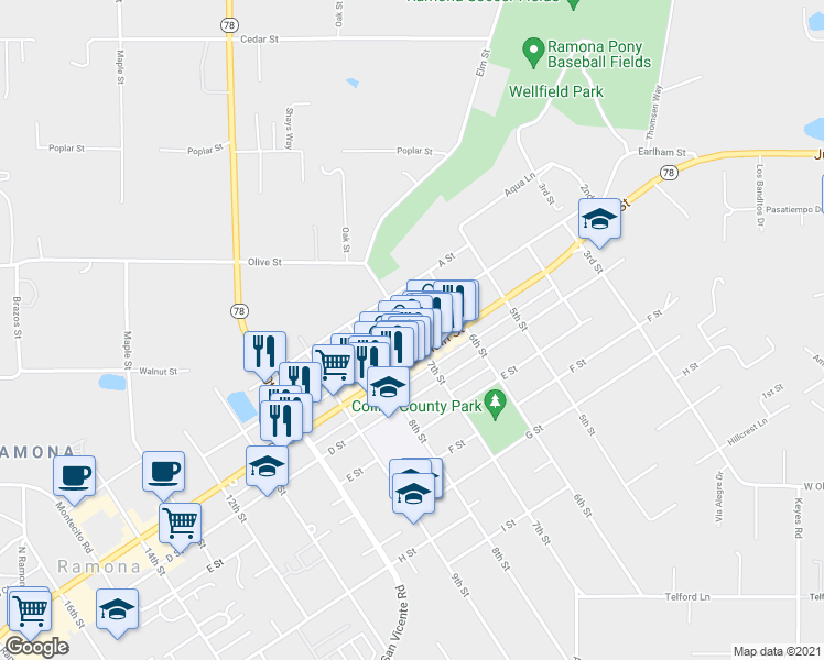 map of restaurants, bars, coffee shops, grocery stores, and more near 214 7th Street in Ramona