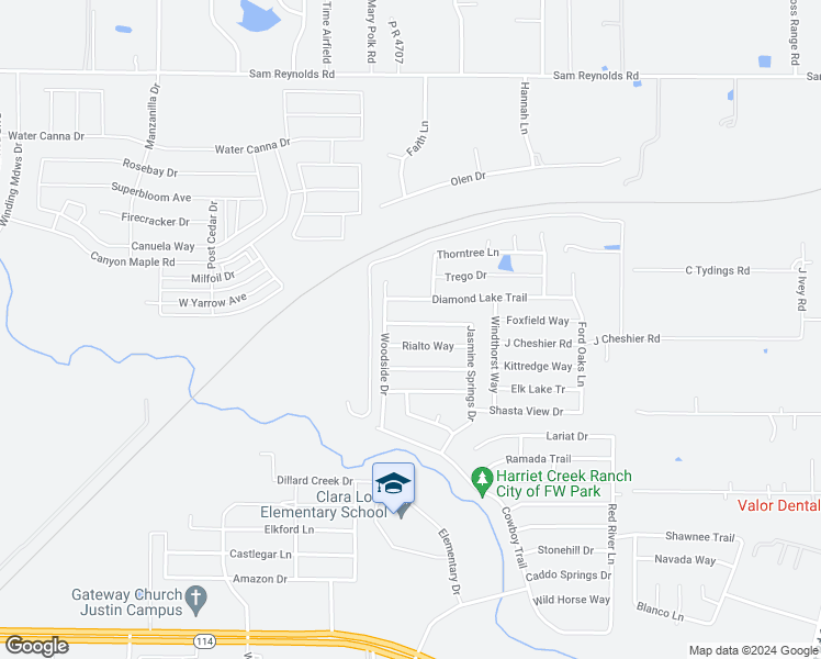 map of restaurants, bars, coffee shops, grocery stores, and more near 1620 Baxter Springs Drive in Justin