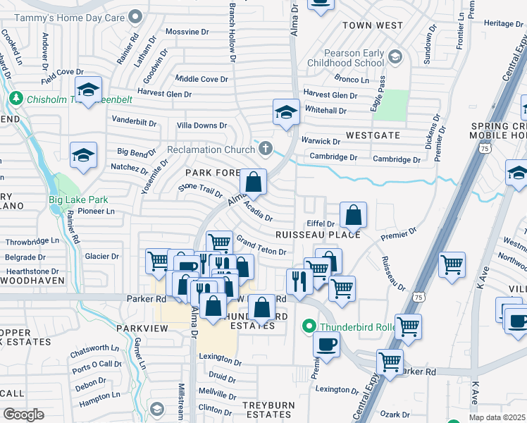 map of restaurants, bars, coffee shops, grocery stores, and more near 840 Acadia Drive in Plano