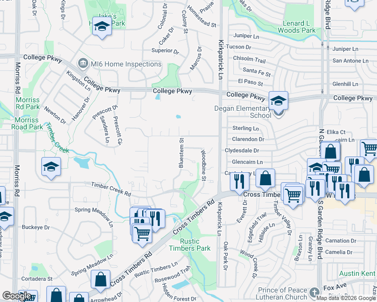 map of restaurants, bars, coffee shops, grocery stores, and more near 1214 Bois D Arc Court in Flower Mound