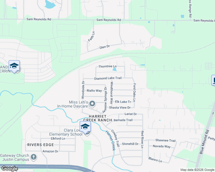 map of restaurants, bars, coffee shops, grocery stores, and more near 1733 Rialto Way in Justin
