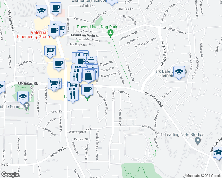 map of restaurants, bars, coffee shops, grocery stores, and more near 102 Cerro Street in Encinitas