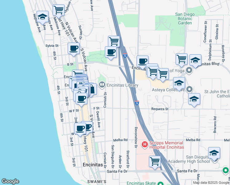 map of restaurants, bars, coffee shops, grocery stores, and more near 572 San Dieguito Drive in Encinitas