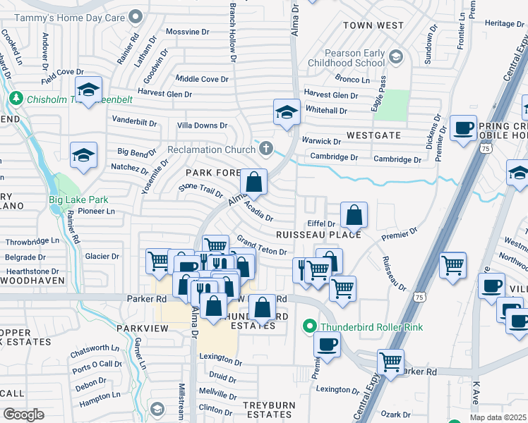 map of restaurants, bars, coffee shops, grocery stores, and more near 840 Acadia Drive in Plano