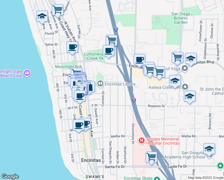 map of restaurants, bars, coffee shops, grocery stores, and more near 549 San Dieguito Drive in Encinitas