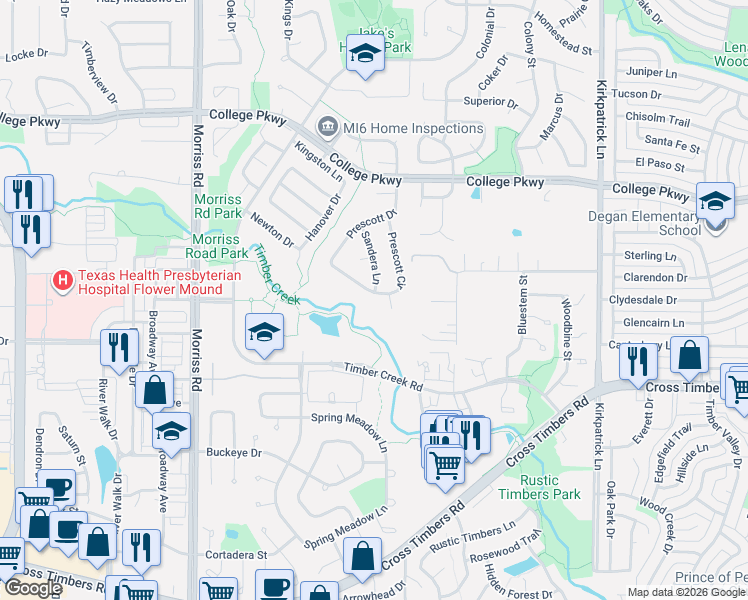 map of restaurants, bars, coffee shops, grocery stores, and more near 1605 Prescott Circle in Flower Mound