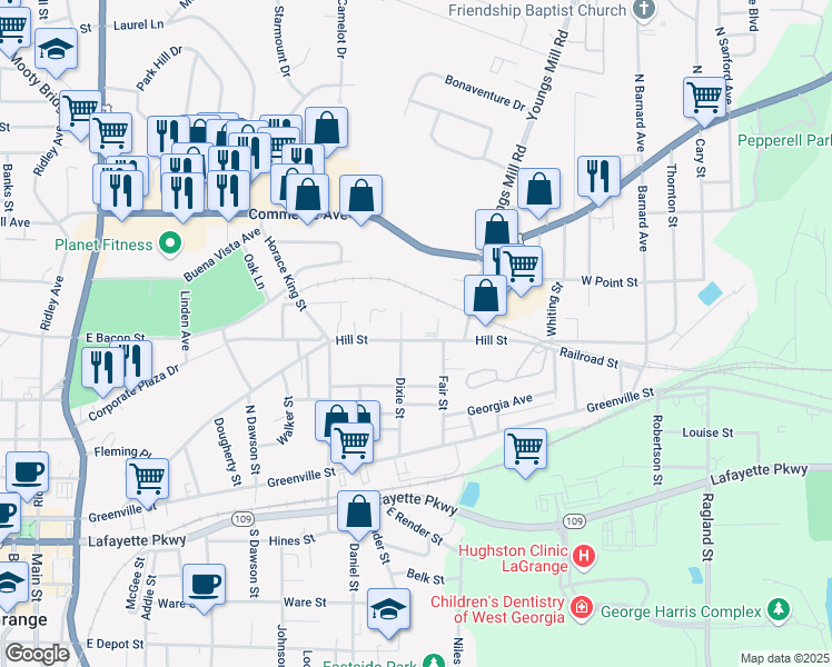 map of restaurants, bars, coffee shops, grocery stores, and more near 700 Hill Street in LaGrange