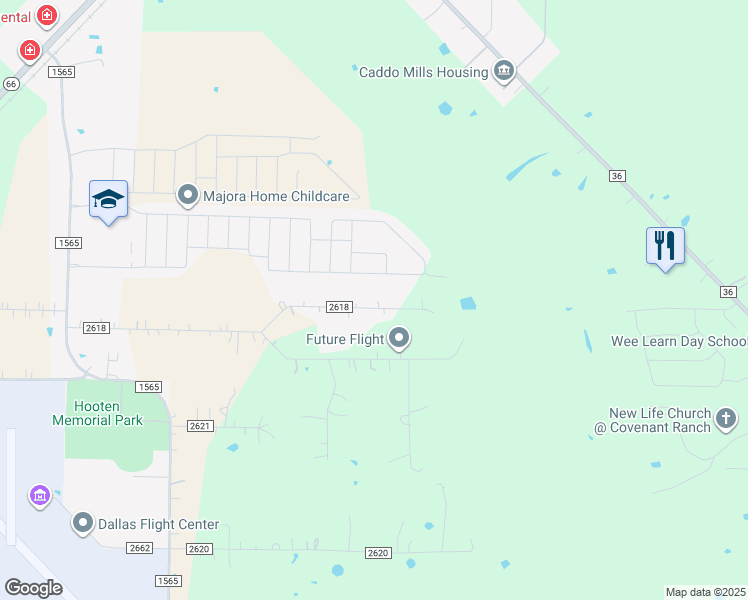 map of restaurants, bars, coffee shops, grocery stores, and more near 3364 County Road 2618 in Caddo Mills