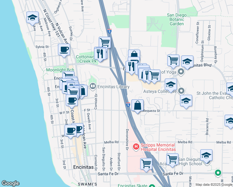 map of restaurants, bars, coffee shops, grocery stores, and more near 554 Stratford Drive in Encinitas