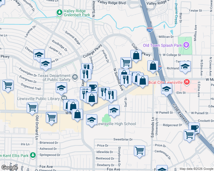 map of restaurants, bars, coffee shops, grocery stores, and more near 1014 Cordero Drive in Lewisville