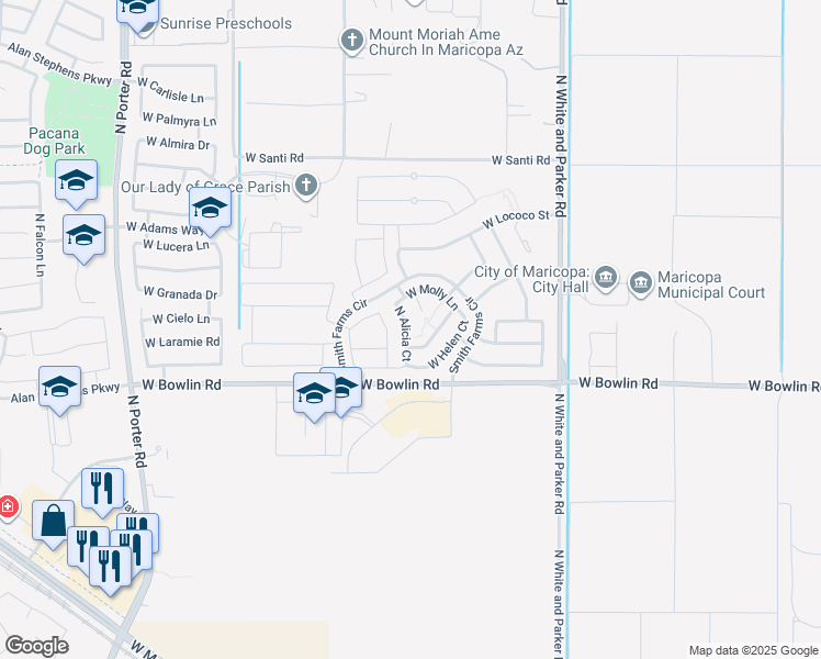 map of restaurants, bars, coffee shops, grocery stores, and more near 18235 North Alicia Court in Maricopa