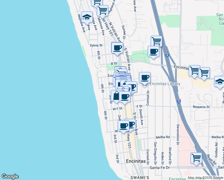map of restaurants, bars, coffee shops, grocery stores, and more near 547 3rd Street in Encinitas