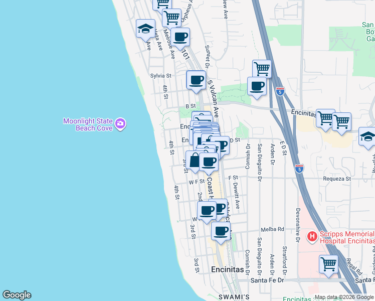 map of restaurants, bars, coffee shops, grocery stores, and more near 547 3rd Street in Encinitas