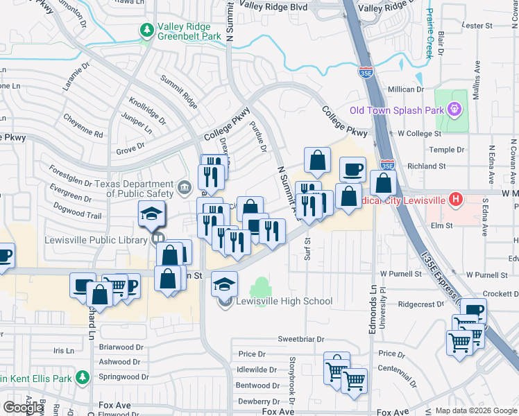 map of restaurants, bars, coffee shops, grocery stores, and more near 1014 Cordero Drive in Lewisville