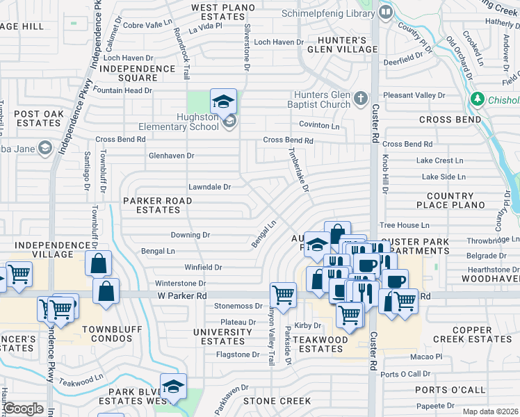 map of restaurants, bars, coffee shops, grocery stores, and more near 2400 Landershire Lane in Plano
