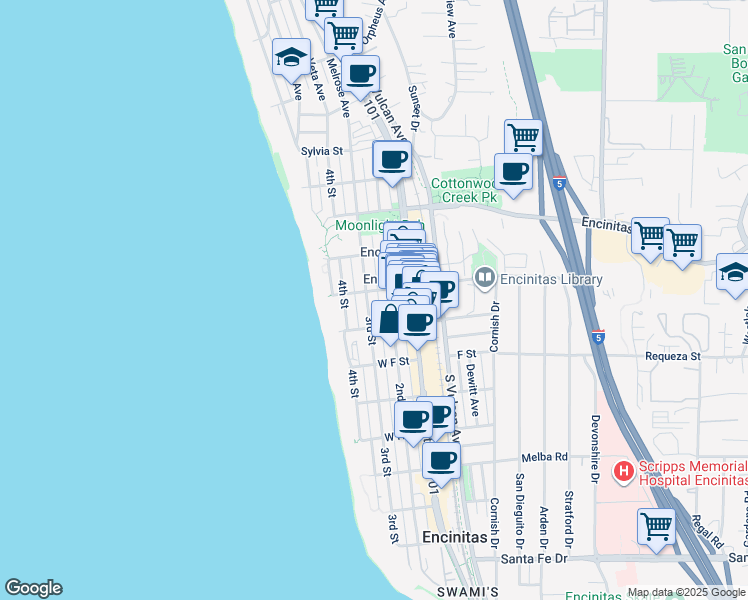 map of restaurants, bars, coffee shops, grocery stores, and more near 513 3rd Street in Encinitas
