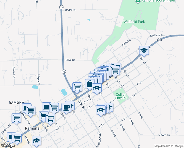 map of restaurants, bars, coffee shops, grocery stores, and more near 742 A Street in Ramona