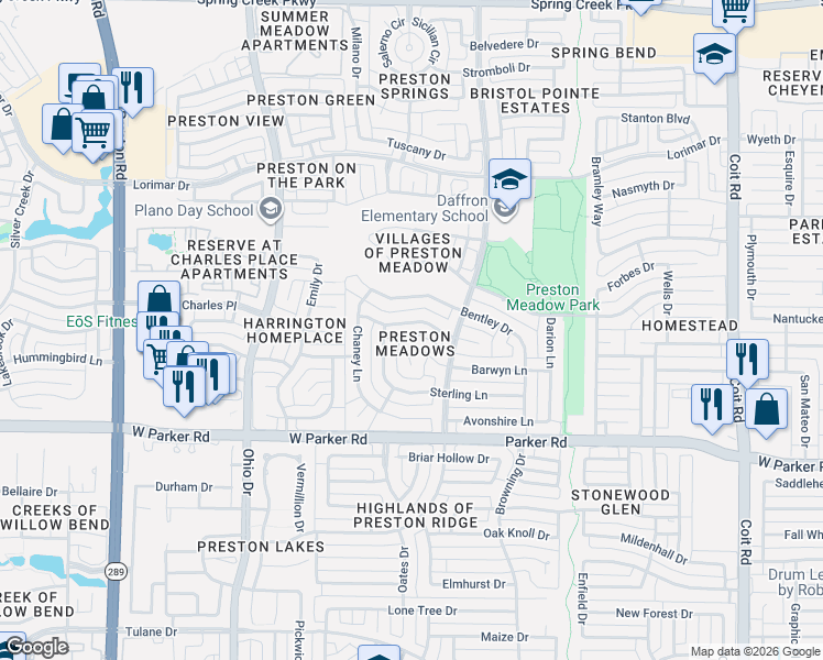 map of restaurants, bars, coffee shops, grocery stores, and more near 4521 Barwyn Court in Plano