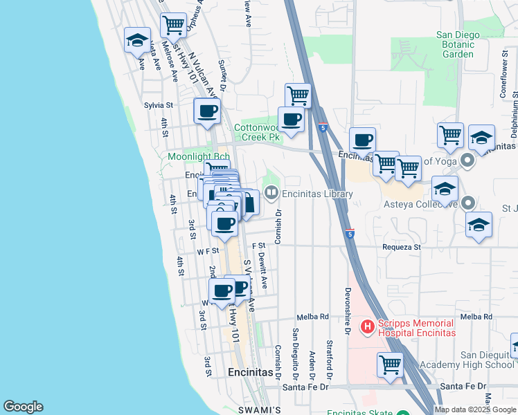 map of restaurants, bars, coffee shops, grocery stores, and more near 551 North Vulcan Avenue in Encinitas