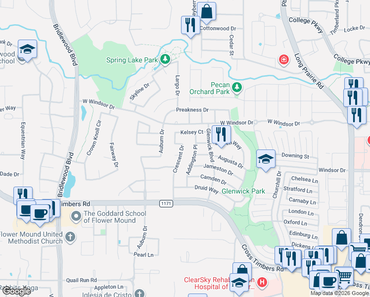 map of restaurants, bars, coffee shops, grocery stores, and more near 3501 Crescent Court in Flower Mound