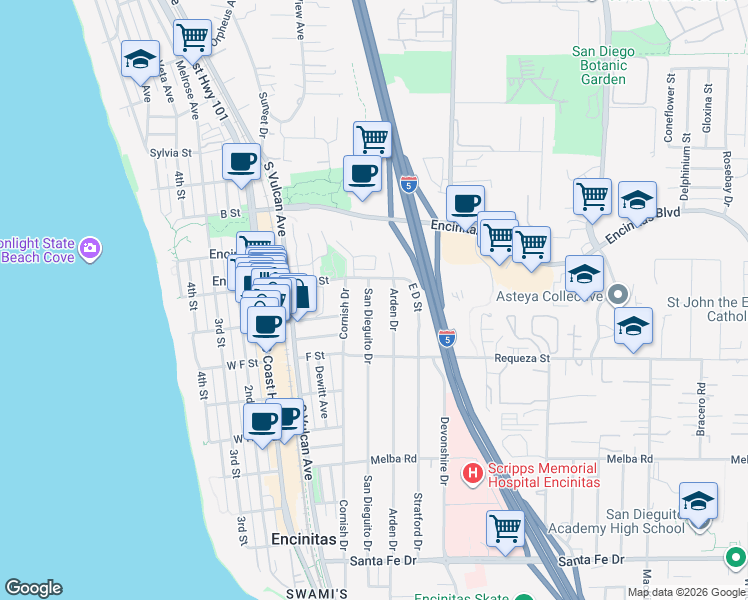 map of restaurants, bars, coffee shops, grocery stores, and more near 572 San Dieguito Drive in Encinitas