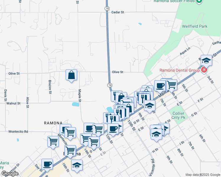 map of restaurants, bars, coffee shops, grocery stores, and more near 197 Pine Street in Ramona