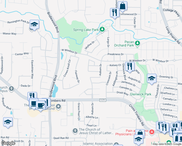 map of restaurants, bars, coffee shops, grocery stores, and more near 4305 Auburn Drive in Flower Mound