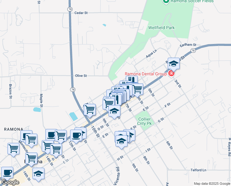 map of restaurants, bars, coffee shops, grocery stores, and more near 715 B Street in Ramona