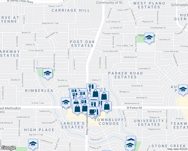 map of restaurants, bars, coffee shops, grocery stores, and more near 3013 Malibu Place in Plano