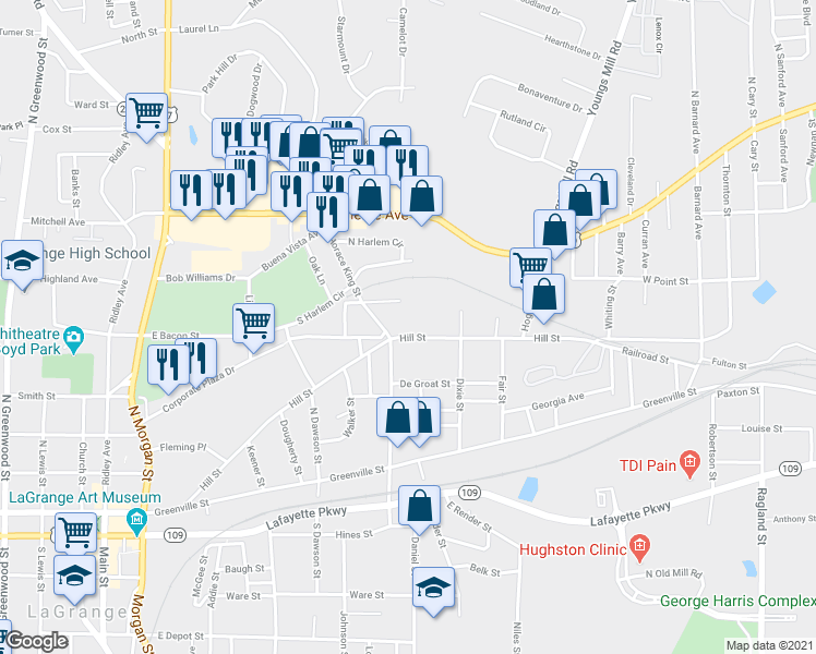 map of restaurants, bars, coffee shops, grocery stores, and more near 605 Hill Street in LaGrange