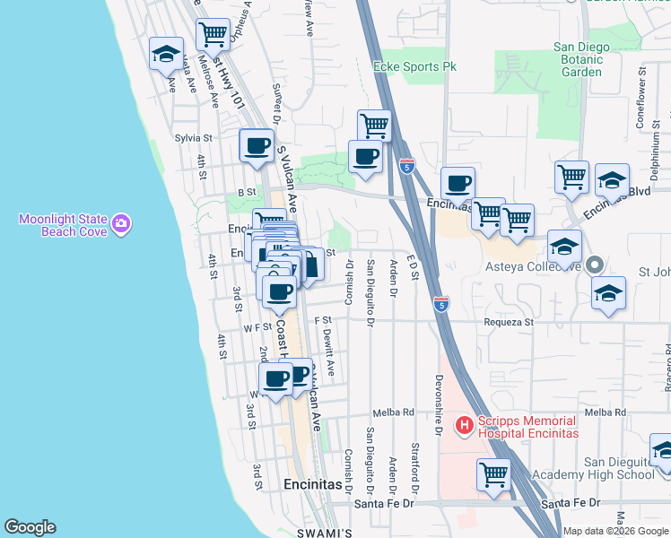 map of restaurants, bars, coffee shops, grocery stores, and more near 540 Cornish Drive in Encinitas