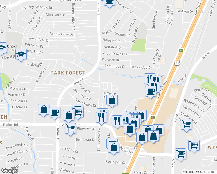 map of restaurants, bars, coffee shops, grocery stores, and more near 775 Eiffel Drive in Plano
